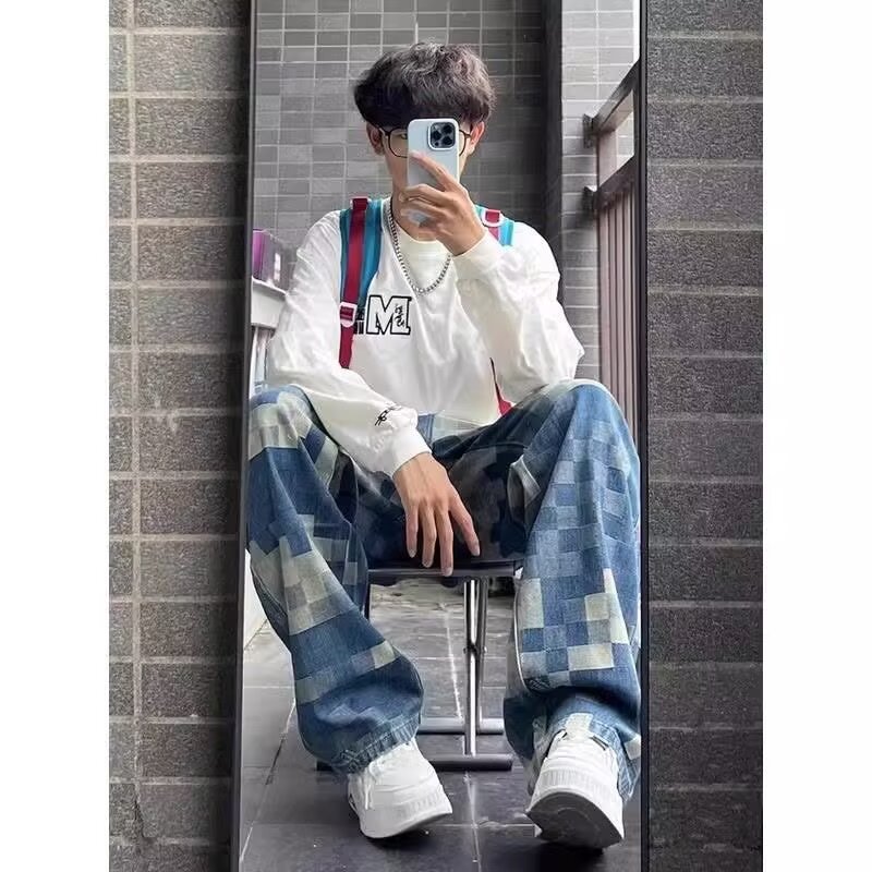 Men's Loose-Fit American-Style Printed Denim Jeans