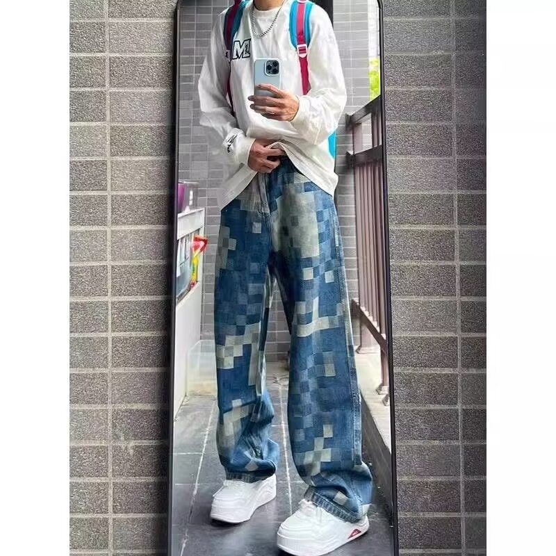 Men's Loose-Fit American-Style Printed Denim Jeans